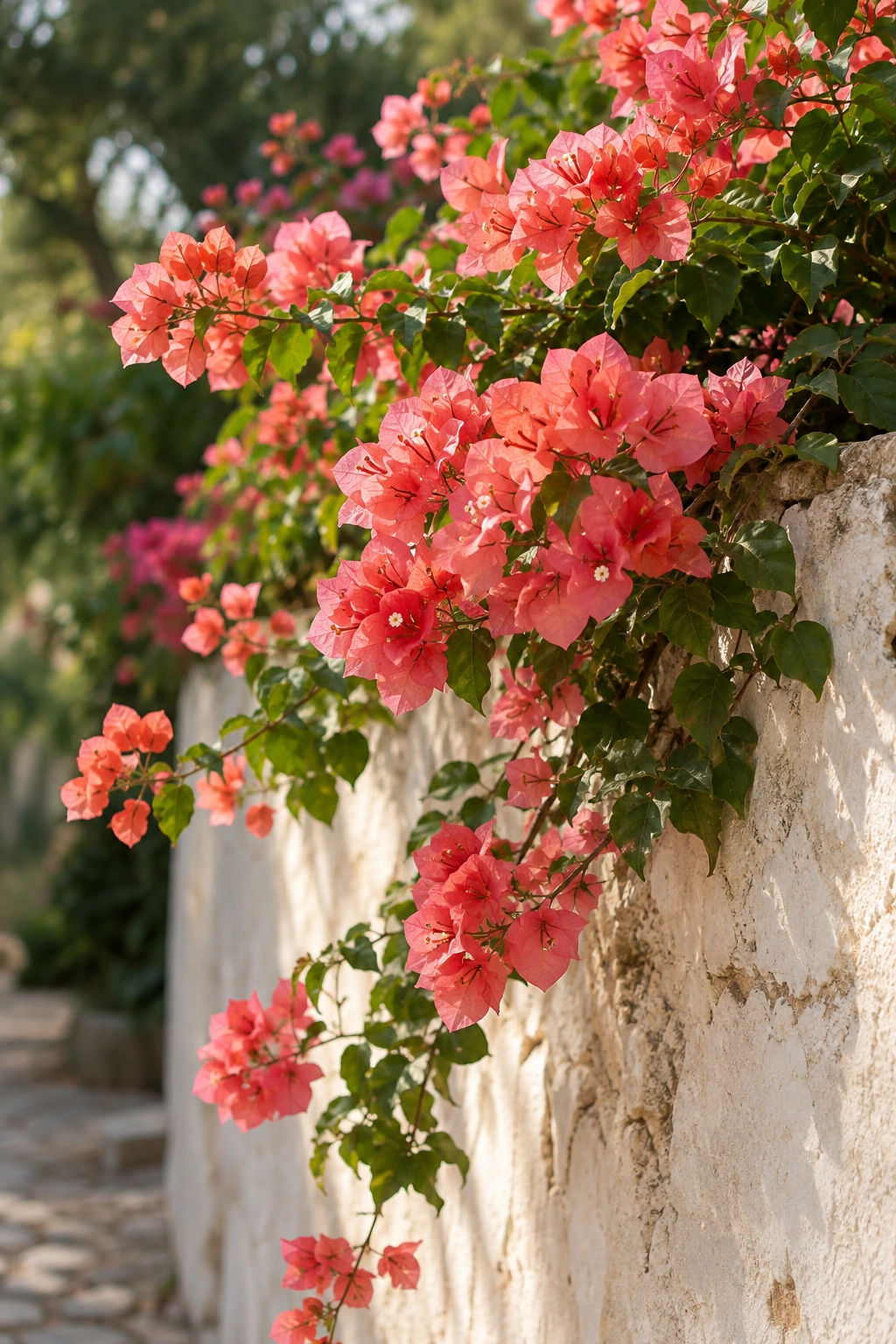 Coral bougainvillea blooming over a soft ivory garden wall