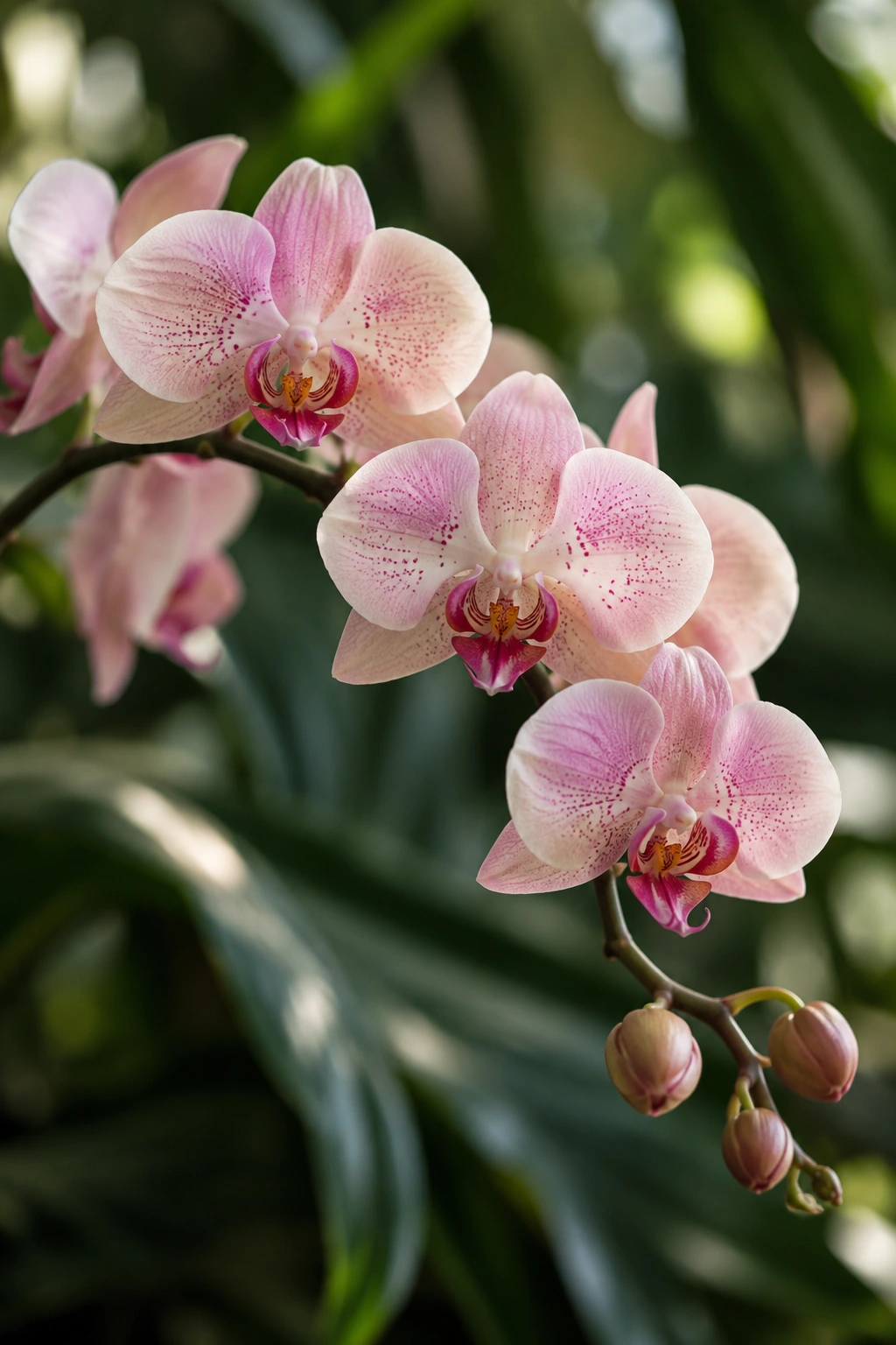 Pale blush orchids against a softly blurred green garden